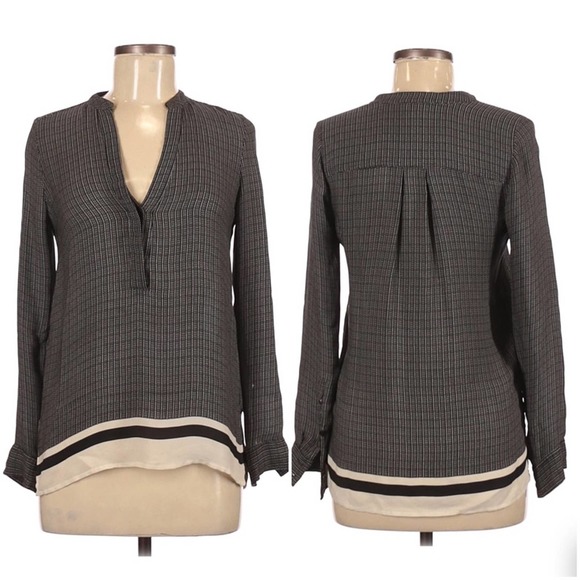 VINCE Black Cream Sheer Silk Georgette Long Sleeve Oversized Blouse Top XS Vneck - Picture 6 of 11